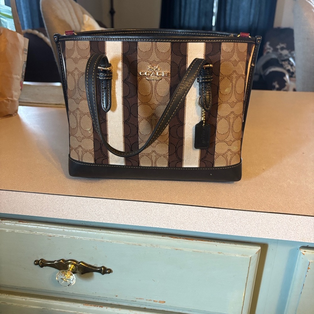 Coach Brown and Ivory Signature Stripe Tote - Picture 4 of 6